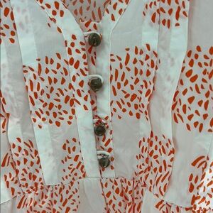 Anthropologie Orange and White Puff Sleeve Blouse with Ruffled Details